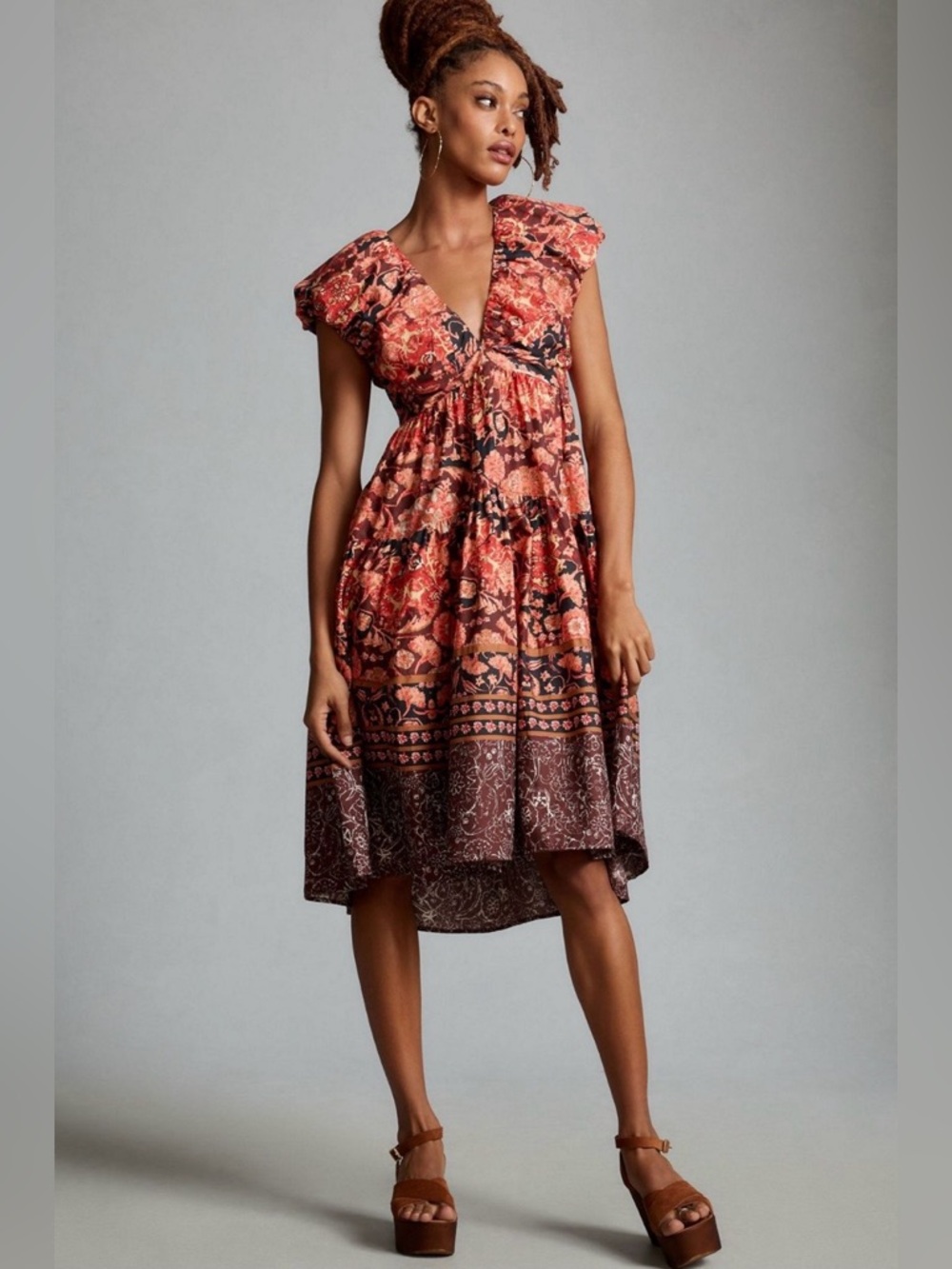 Anthropologie Printed V-Neck Babydoll Dress